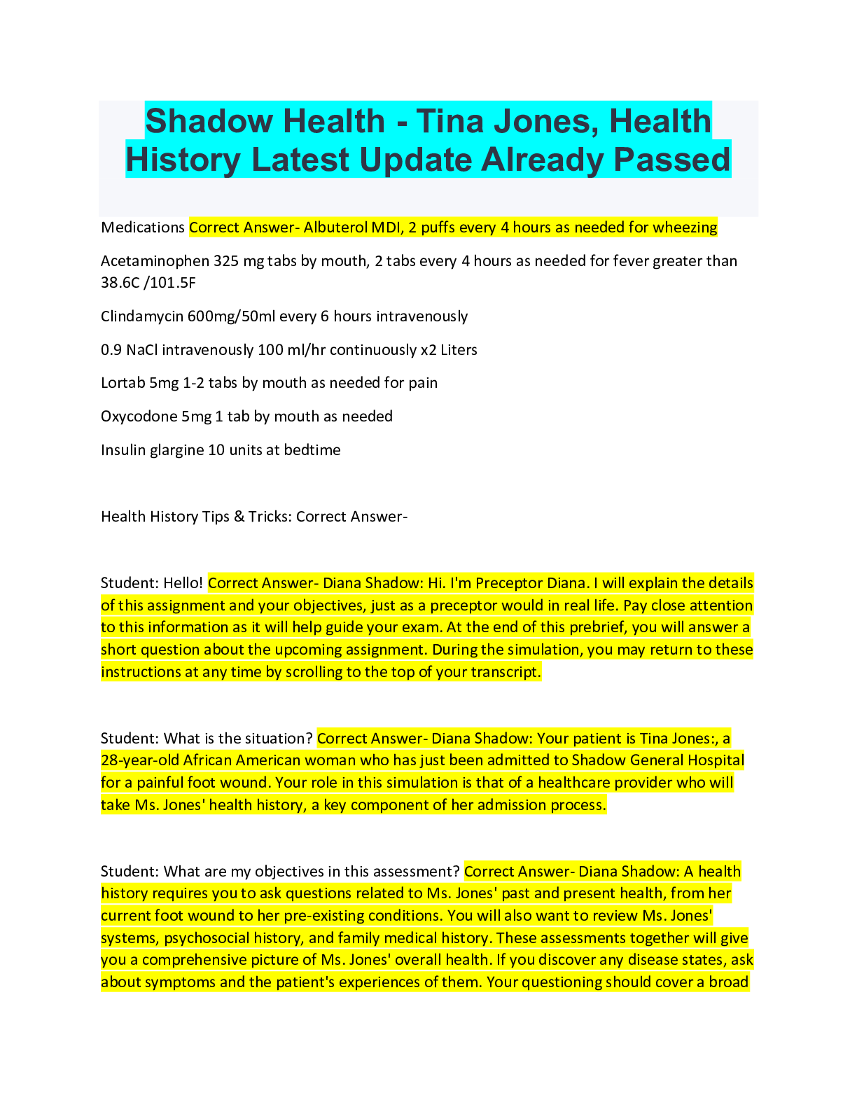 Preview image for Shadow Health - Tina Jones, Health History Latest Update Already Passed